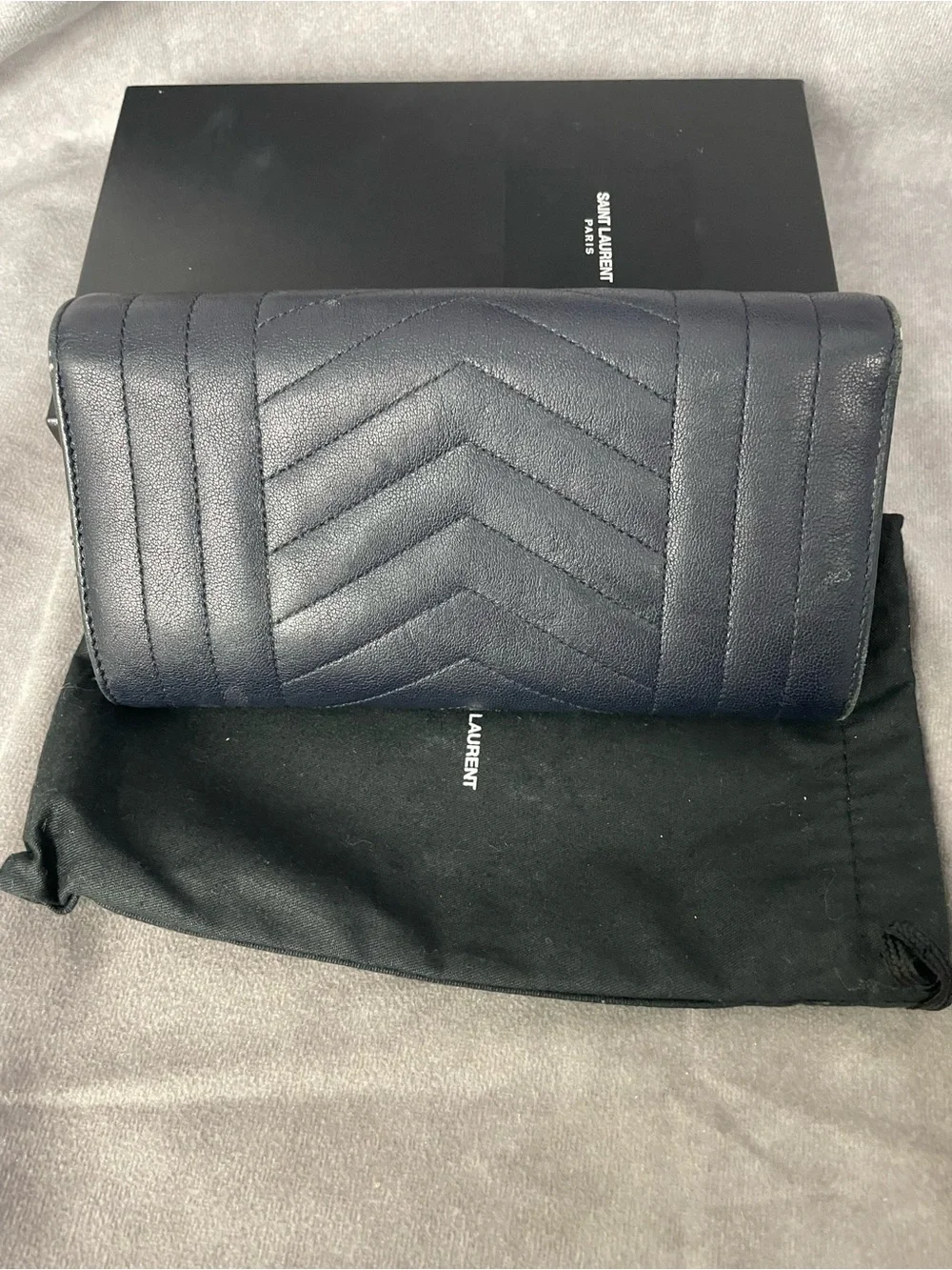 Saint Laurent Dark Blue Chevron Quilted Leather Long Wallet with YSL Logo - Picture 3 of 13